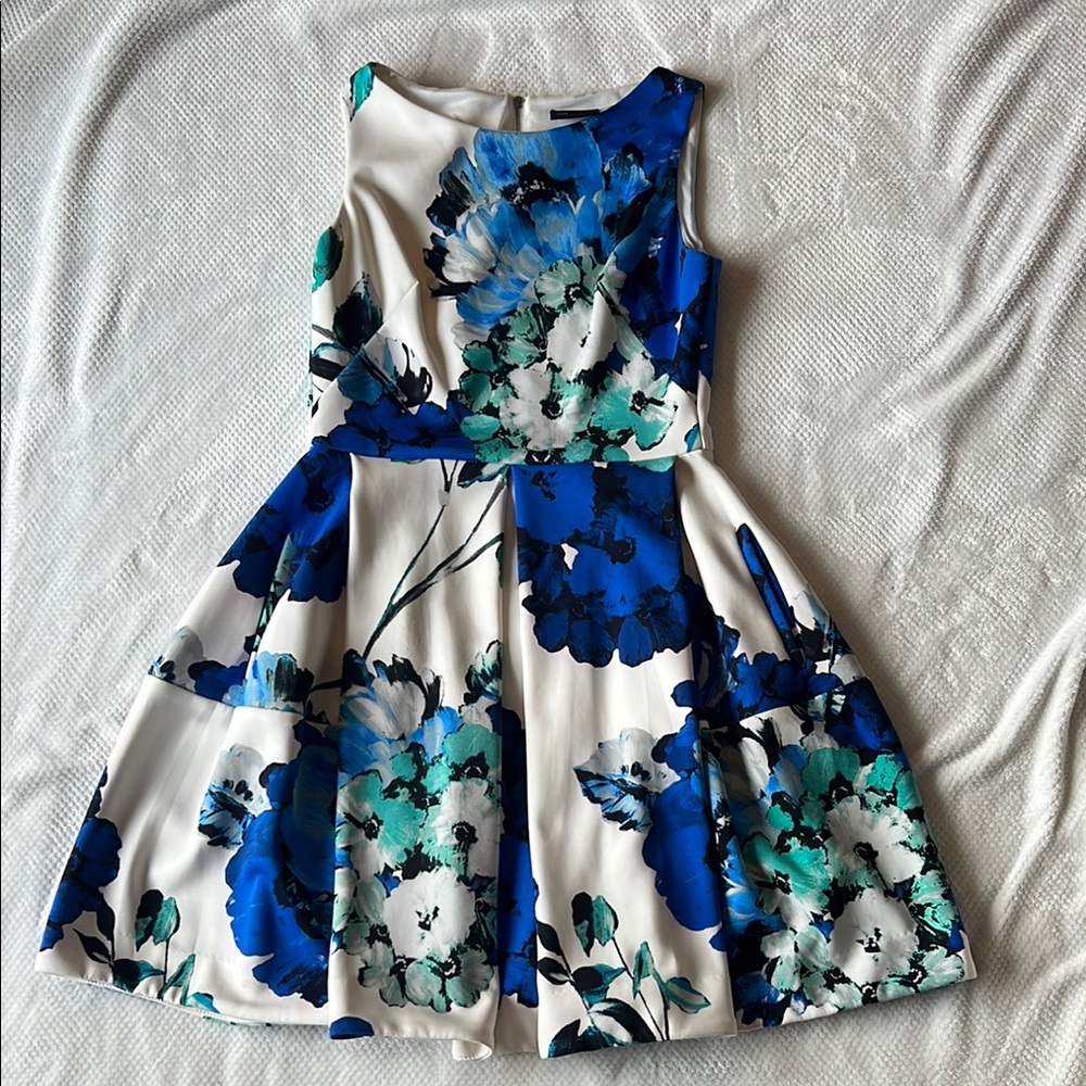 Floral Blue and Turquoise Pleated Dress